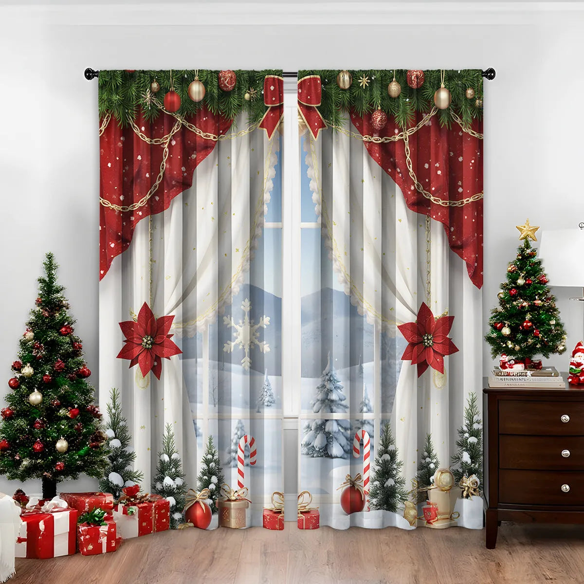 A pair of 3D digitally printed Christmas curtains with a festive European pattern hung on a window.