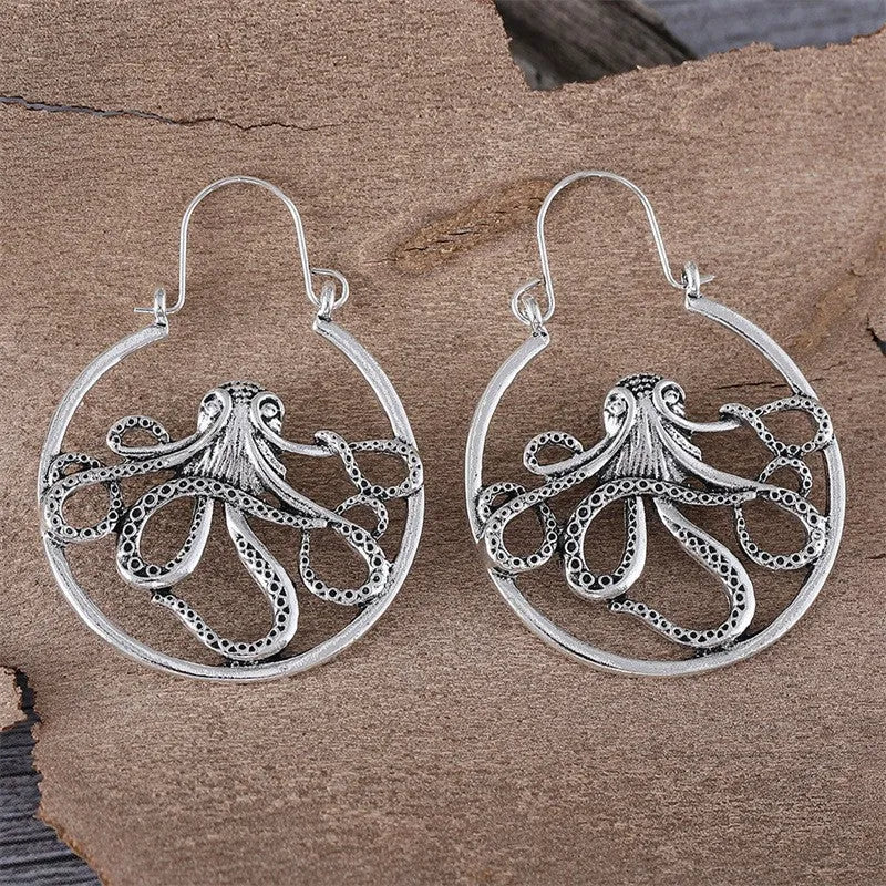 Antique silver octopus earrings with detailed animal zodiac design on zinc alloy