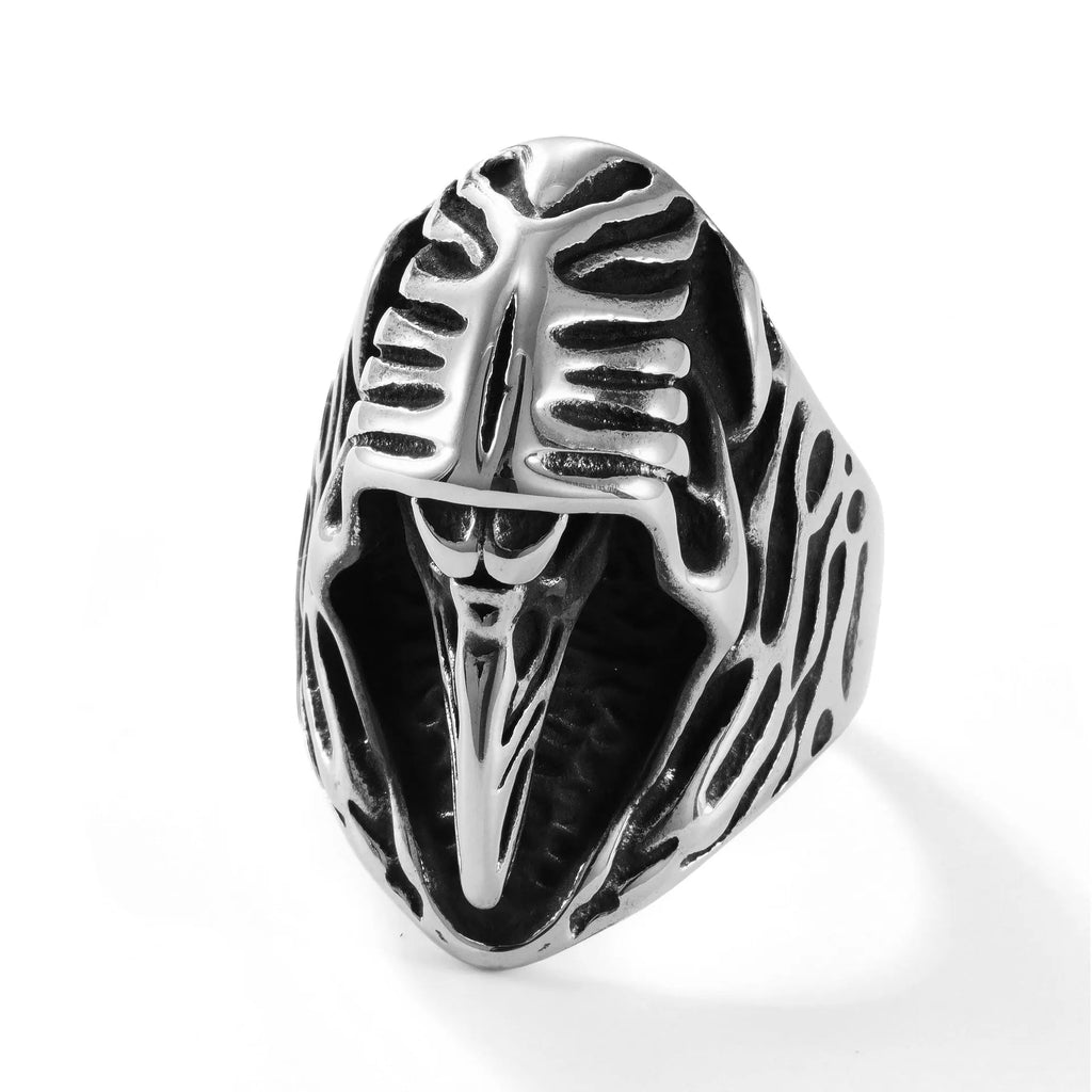 Stainless steel punk ring with a detailed crow animal motif and geometric shape in colour MR166.