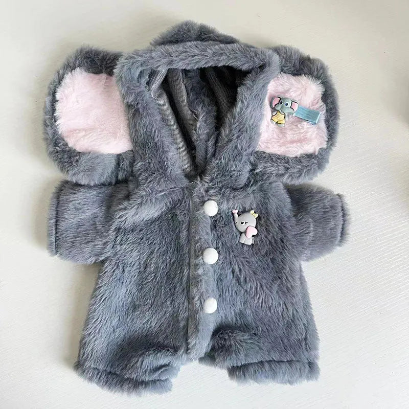 Grey elephant jumpsuit for 30cm teddy bear doll on plush material