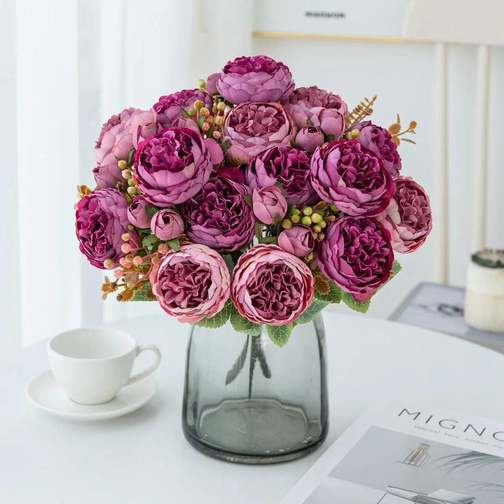 Silk artificial peony bouquet in champagne, pink, purple, sand red, or white colours for decorative use