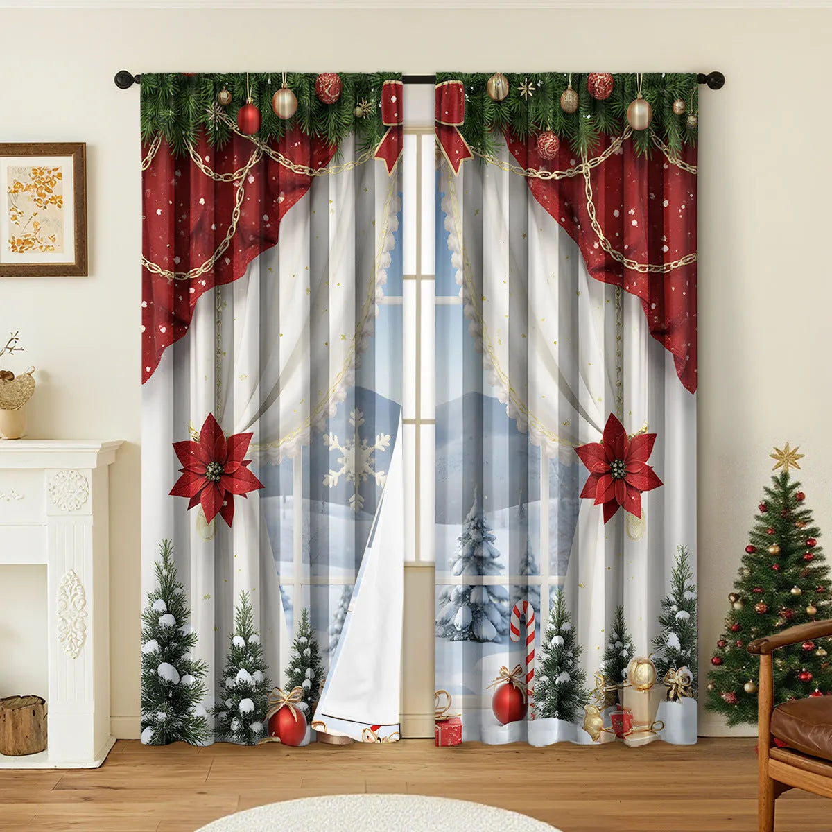 A pair of 3D digitally printed Christmas curtains with a festive European pattern hung on a window.