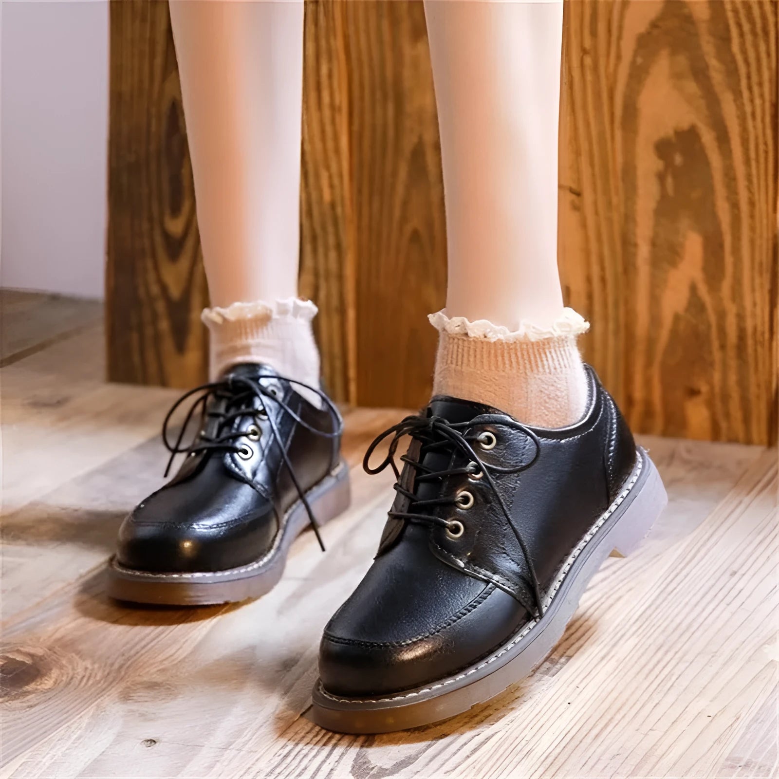 Women's black preppy retro Mary Jane shoes with front lace-up and low square heel