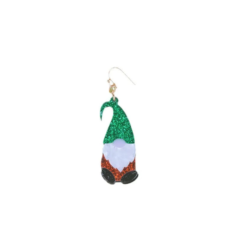 A pair of acrylic earrings shaped like cartoon Santa Claus figures with coloured hats.