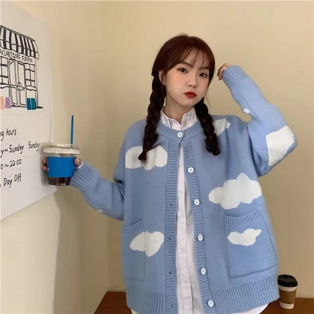 Blue cloud pattern women's spandex cardigan sweater coat, loose fit, shown open.