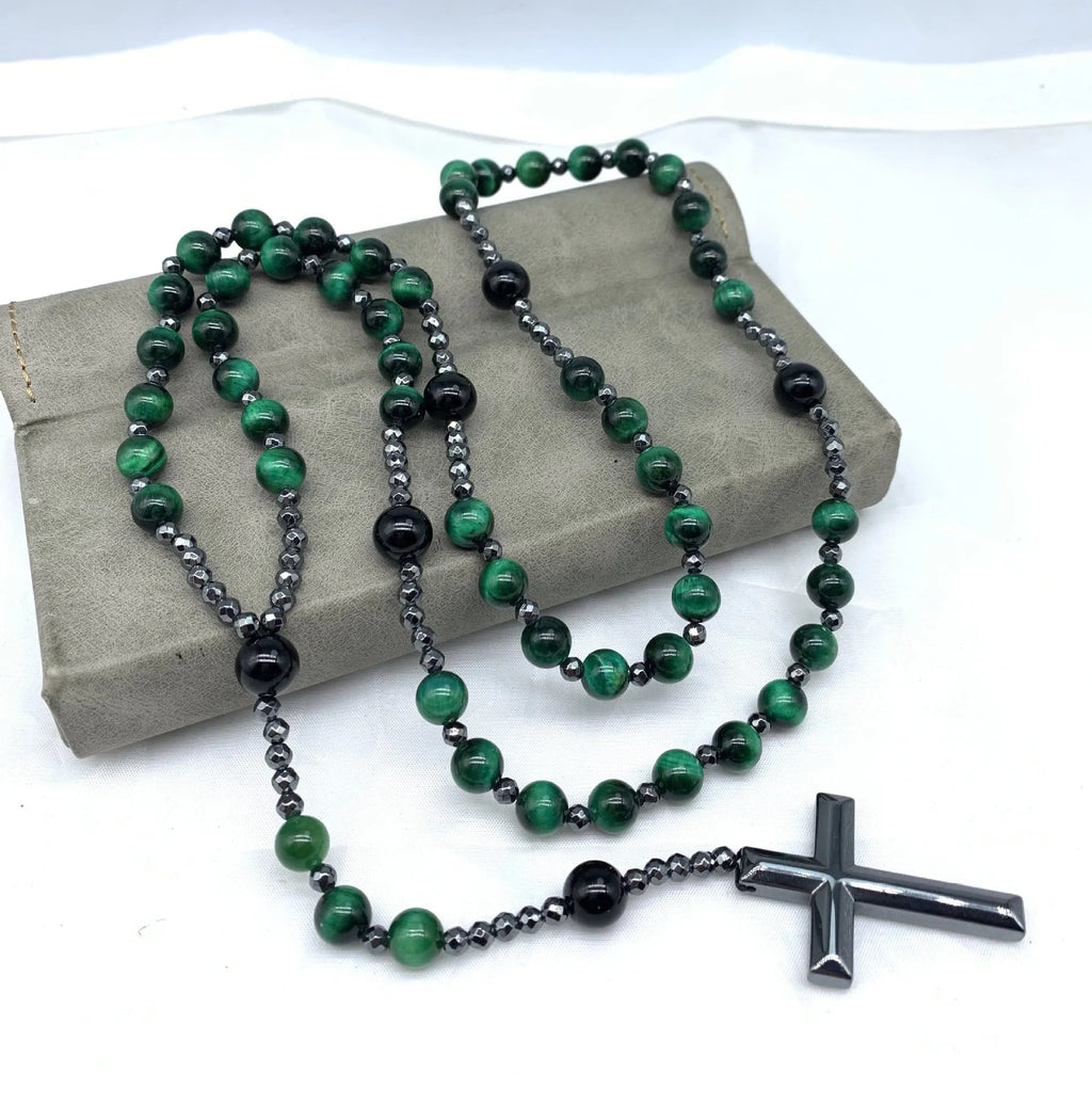 Men's stone cross pendant necklace on an 80cm ball bead chain with safety lock clasp