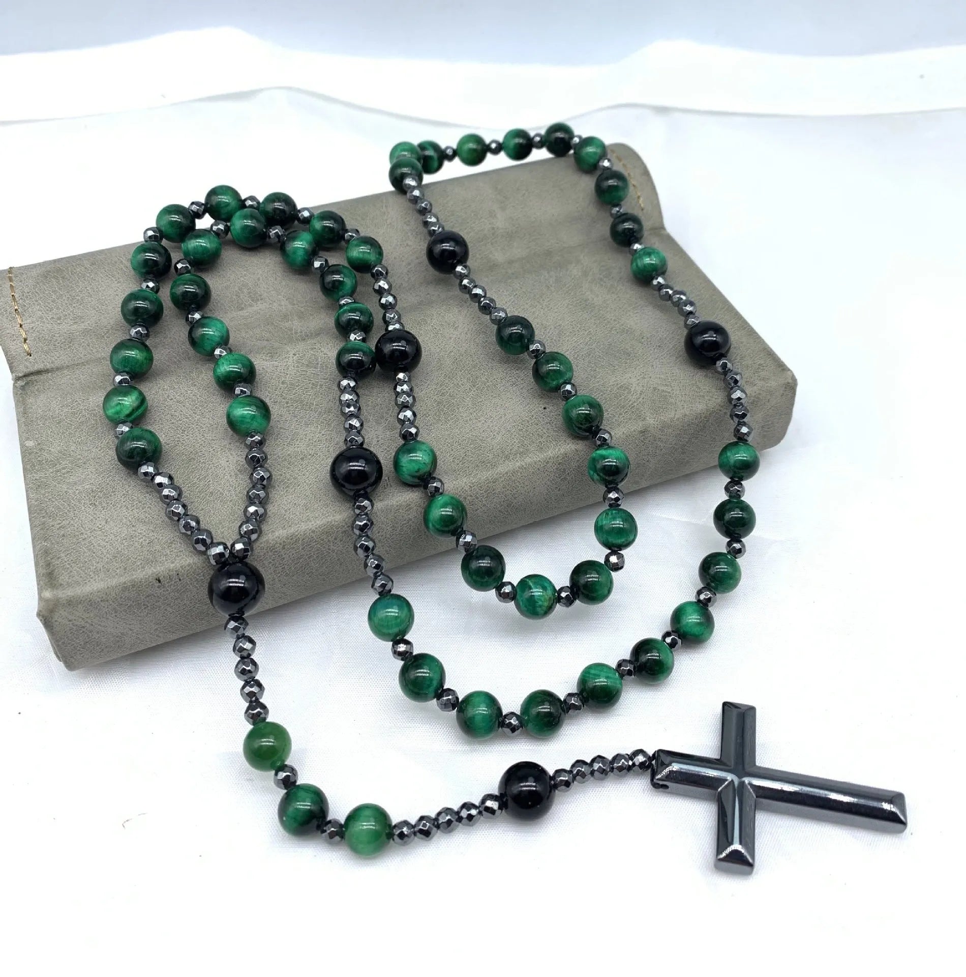 Men's stone cross pendant necklace on an 80cm ball bead chain with safety lock clasp