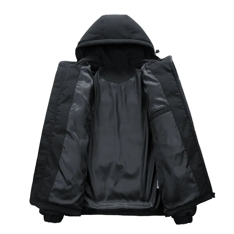 Man wearing a black hooded Korean-style winter coat with side pockets.