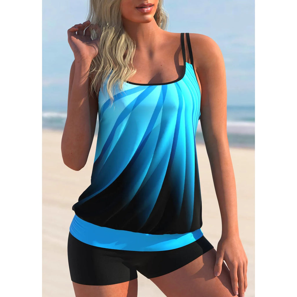 Butterfly print plus size women's swim shorts and strapless bikini top set on a mannequin.