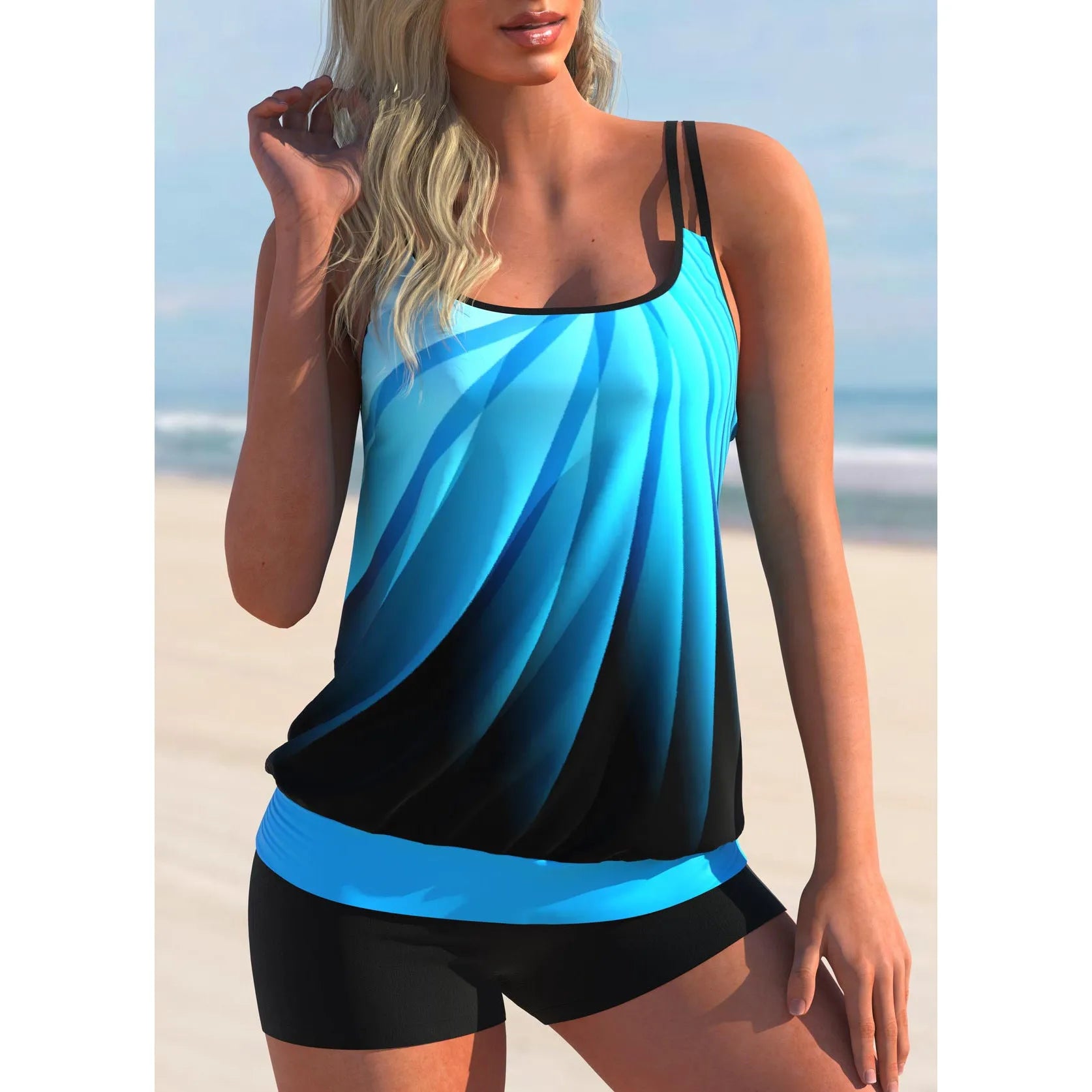 Butterfly print plus size women's swim shorts and strapless bikini top set on a mannequin.