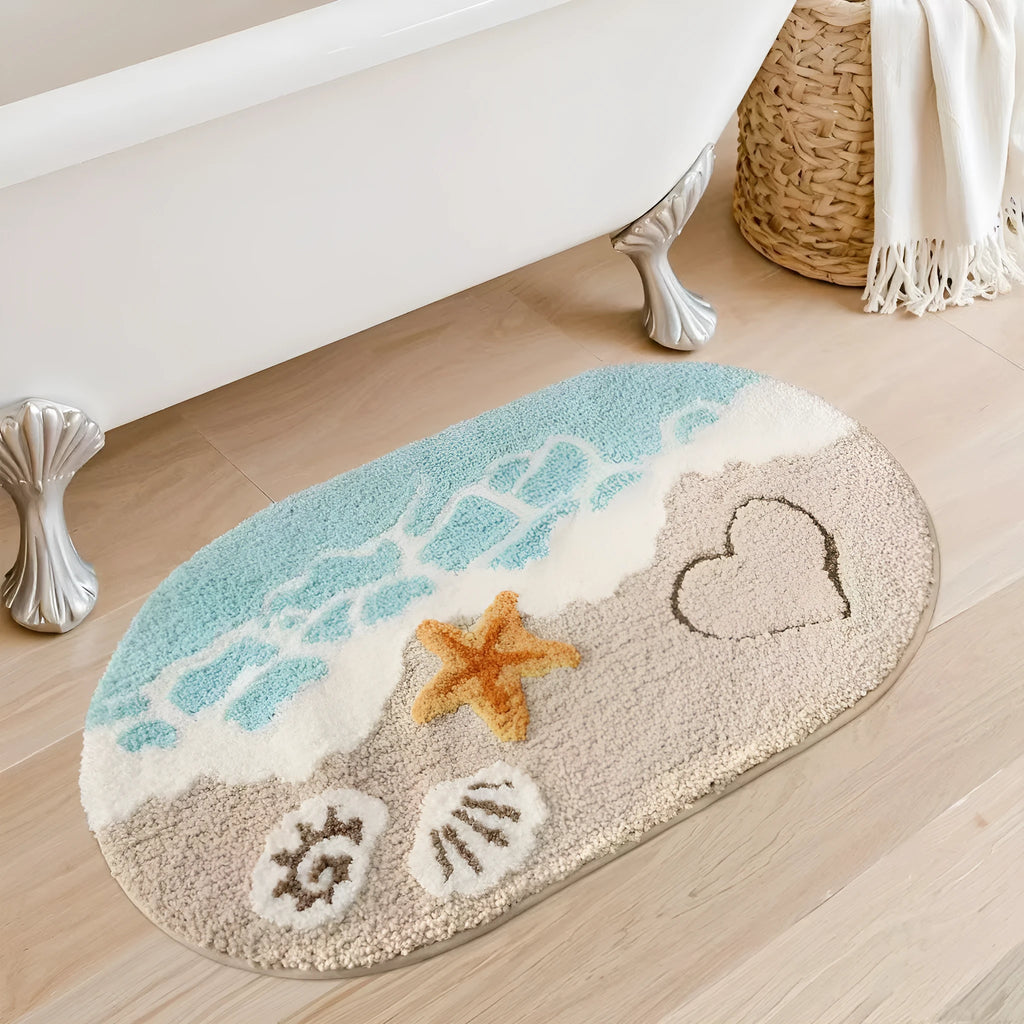 Rainbow pattern square carpet mat with plastic bottom in sky sea colour, shown in 40x60cm and 50x80cm sizes.