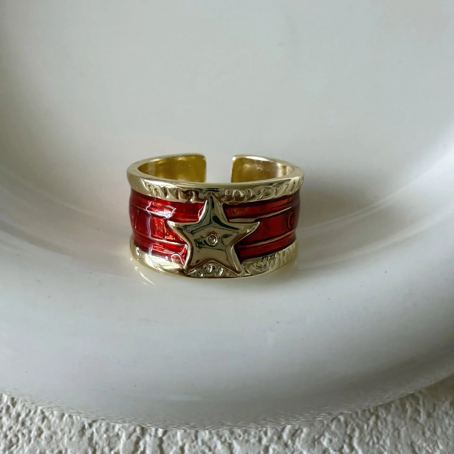 Adjustable geometric copper ring with distressed electroplated finish in multiple colour options