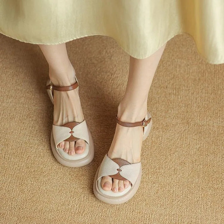 Women's khaki open toe sandals with a chunky platform heel made from renewable leather.