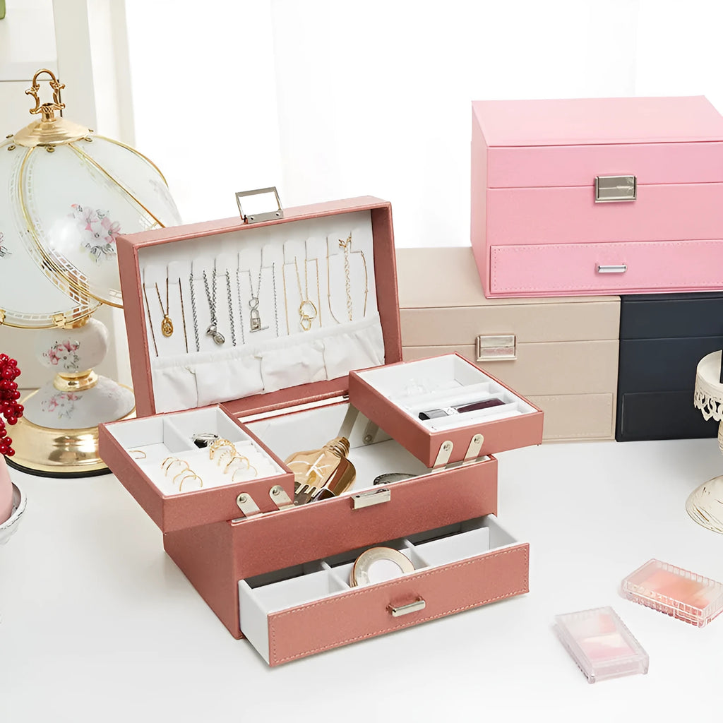 PU leather jewellery storage box in beige with hard case construction measuring 22.5cm