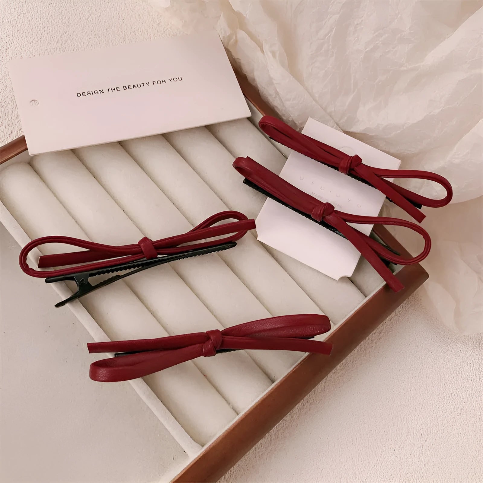 Wine red leather bow hair barrettes with handmade construction