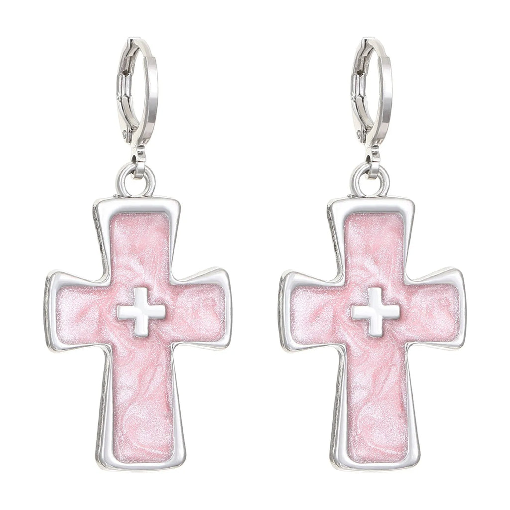 Women's classic alloy earrings with cross and heart motifs and dripping oil finish