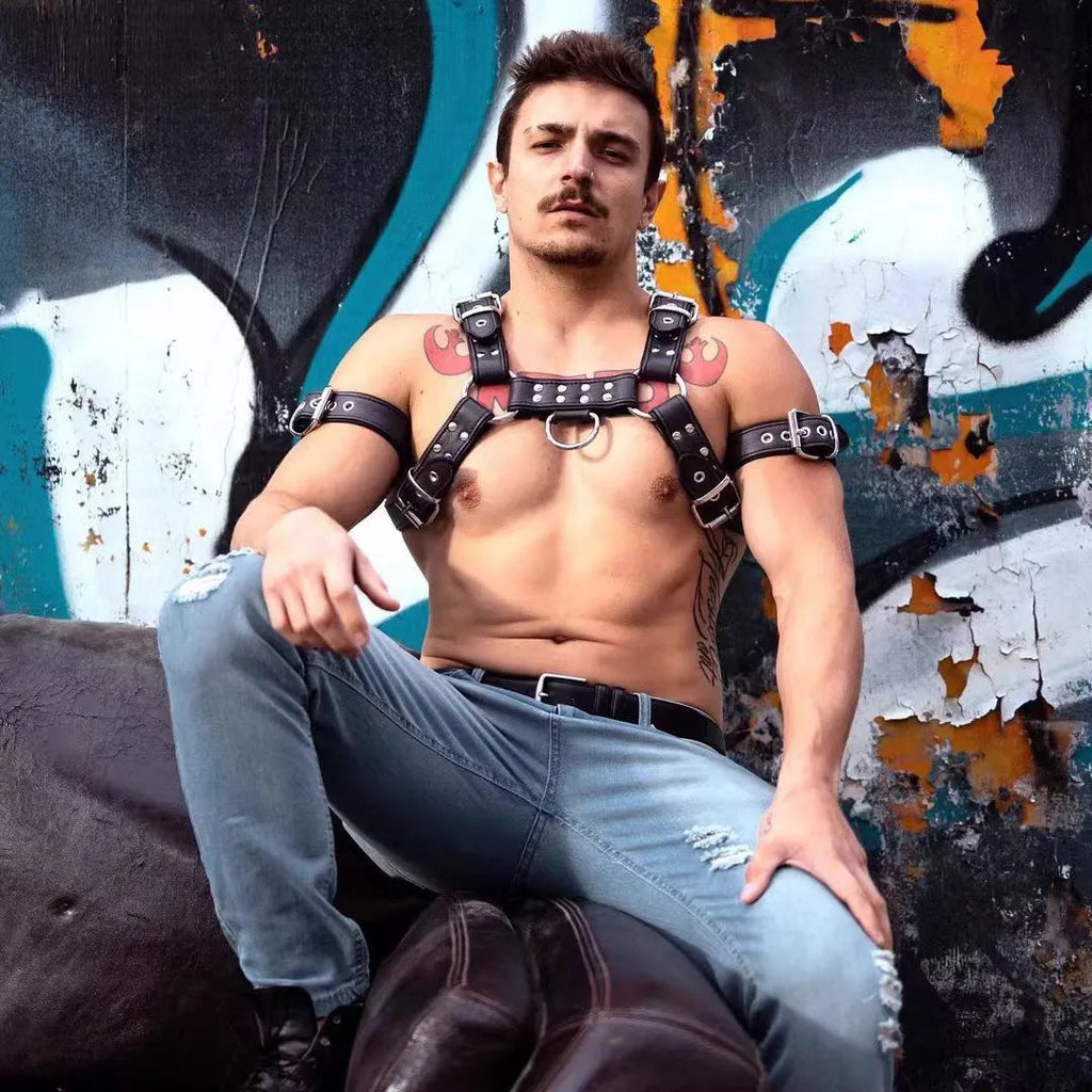 Black leather chest bondage strap with metal buckle for adult male costume use