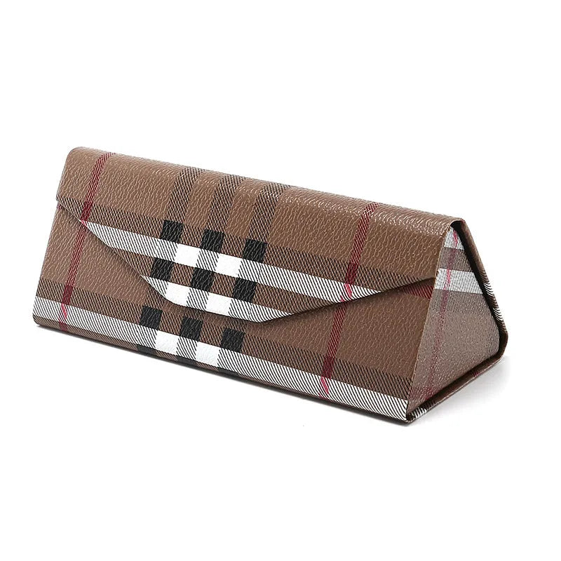 Handmade triangular folding glasses case in a PU cowhide pattern, shown closed and open next to a pair of full-rim frame glasses.
