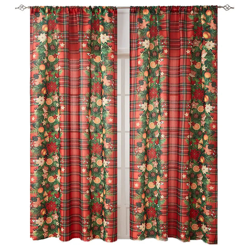 Rectangular printed Christmas curtain with semi-sunshade fabric on a window.