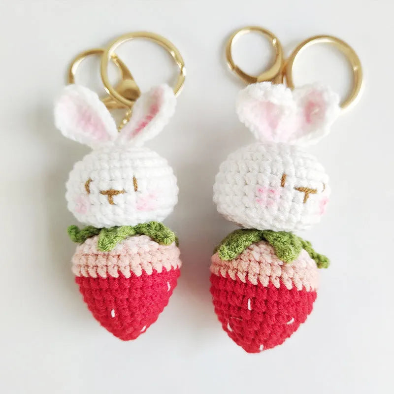 Hand-woven white rabbit strawberry pendant made from doll wire with attachment key