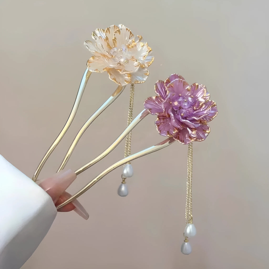 Purple and white alloy U-shaped hairpin with detailed peony flower and tassel decoration