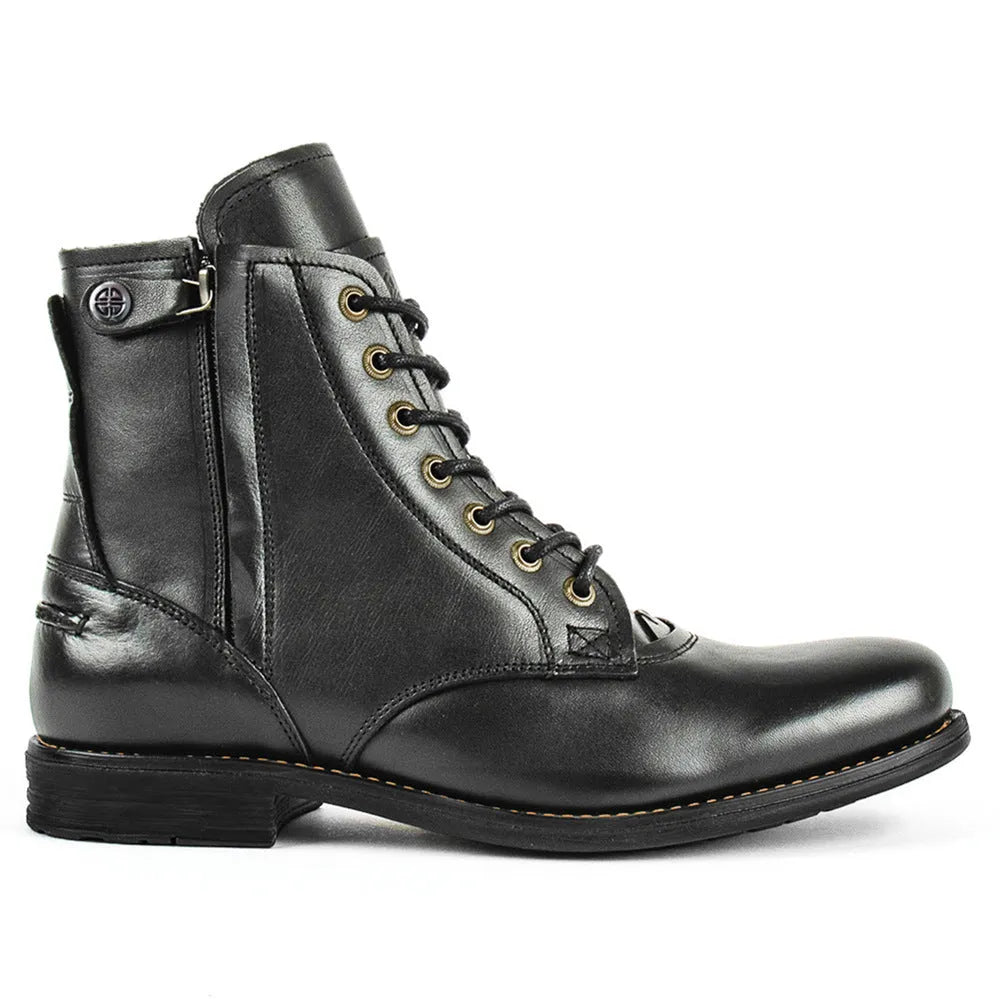 Men's black and brown Knight Series leather boots with side zip and low heel