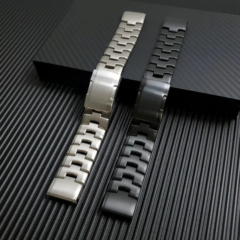 Silver metal replacement strap for Garmin Fenix Jiaming watch on grey background