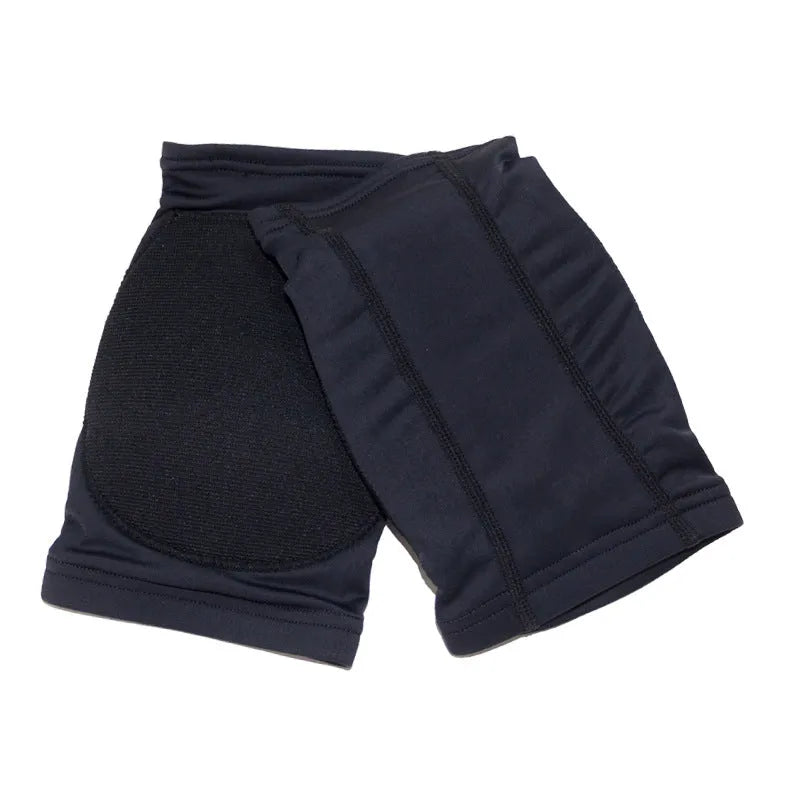 A pair of black ballet and dance knee pads for yoga exercise, shown alongside a skin colour pair.