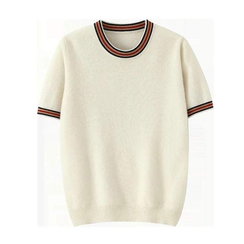 Men's short sleeve wool sweater in round neck pullover style, available in white, grey and black