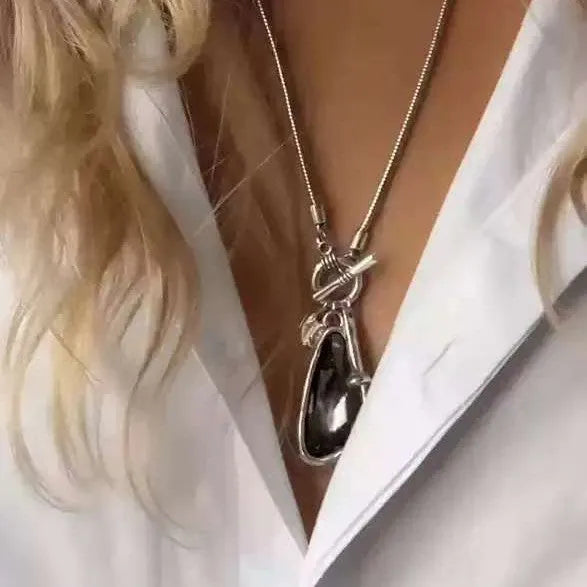 Long geometric alloy necklace with snake bone chain in blue water drop colour
