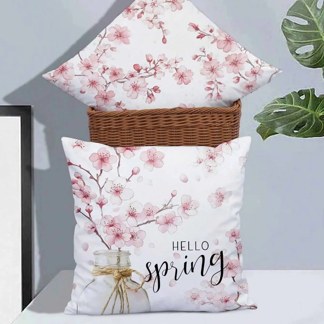 Square short velvet cushion cover with cherry blossom and letter print, 45cm size.