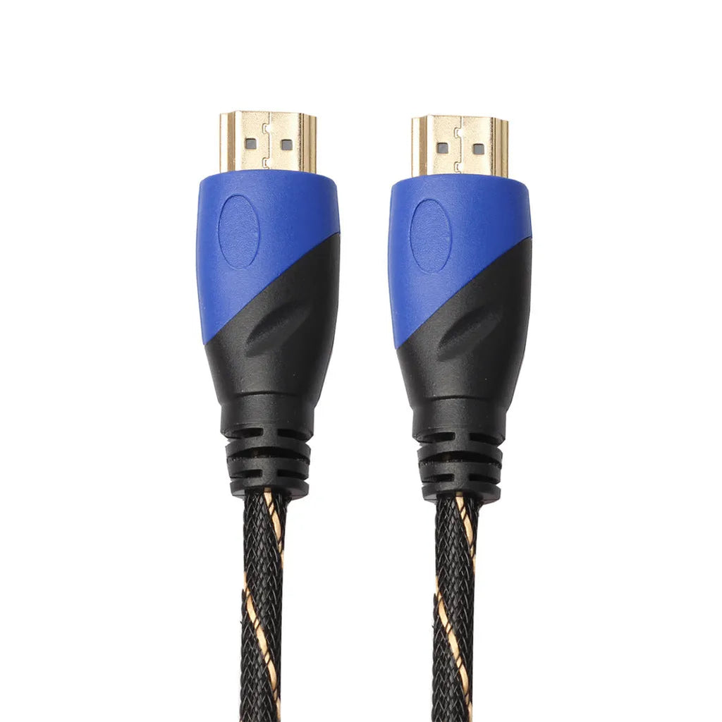 Black and gold male to male video cable with blue black head net and aluminium alloy core in multiple lengths