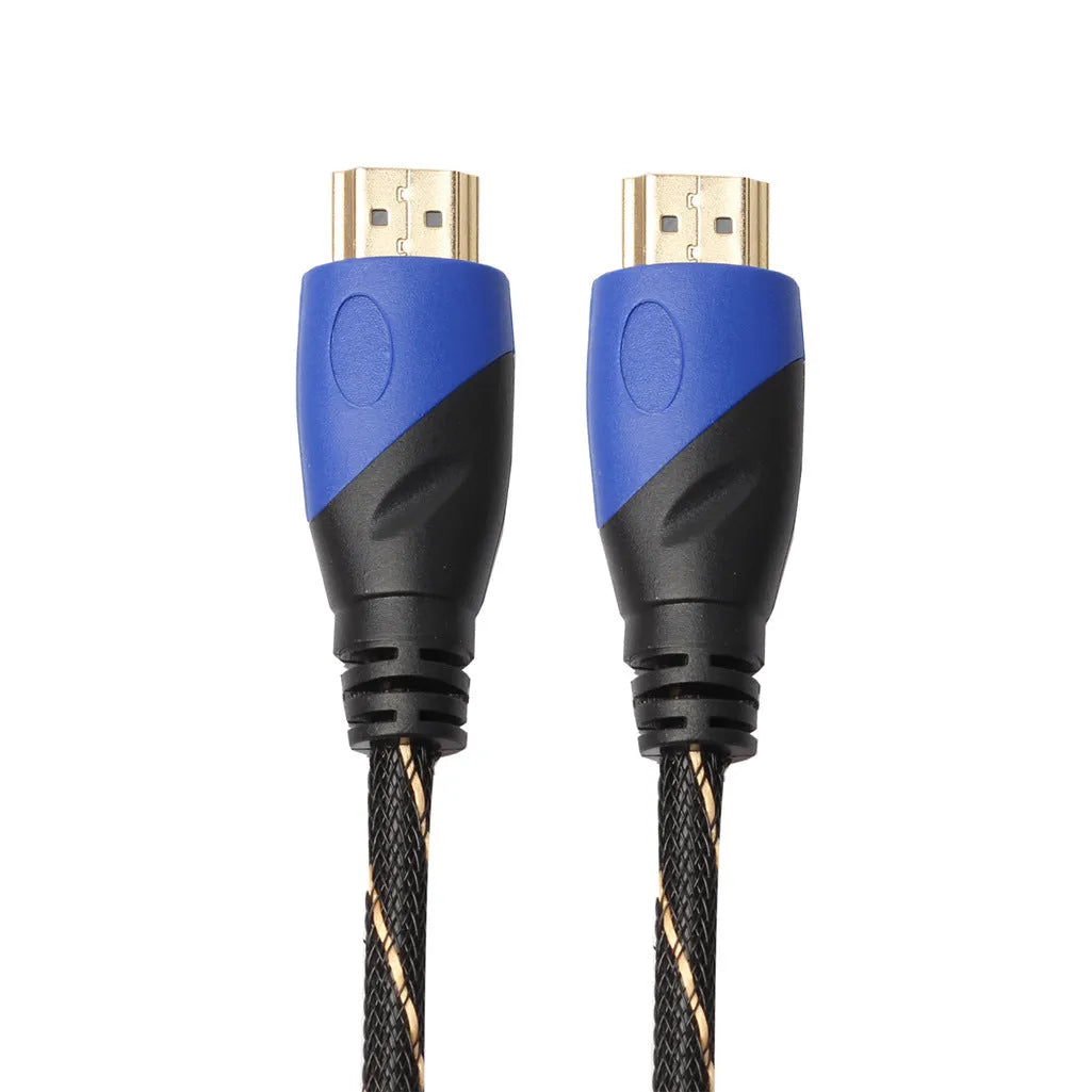 Black and gold male to male video cable with blue black head net and aluminium alloy core in multiple lengths