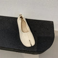 Women's split toe chunky heel pumps in black, apricot, or brown with round toe and rubber sole