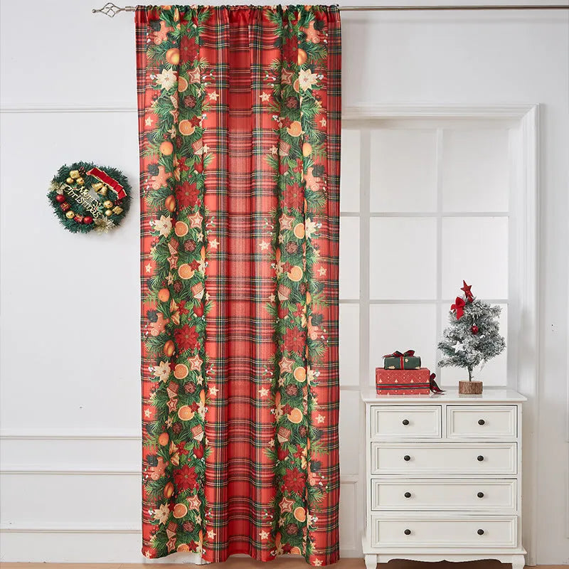 Rectangular printed Christmas curtain with semi-sunshade fabric on a window.