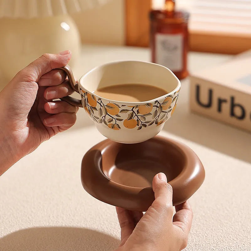 Ceramic coffee cup and saucer set in retro antique style with 210ml capacity