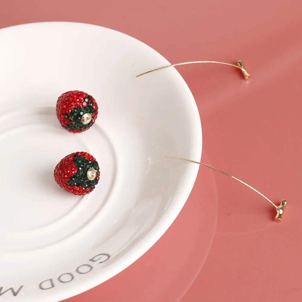 Zinc alloy strawberry stud earrings with geometric spot drill design in six colour variations