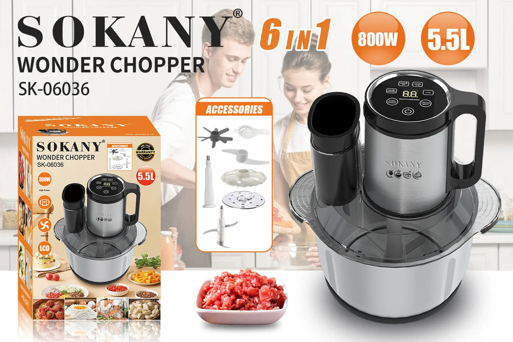 Stainless steel meat grinder with 06036 colour finish and adjustable speed controls