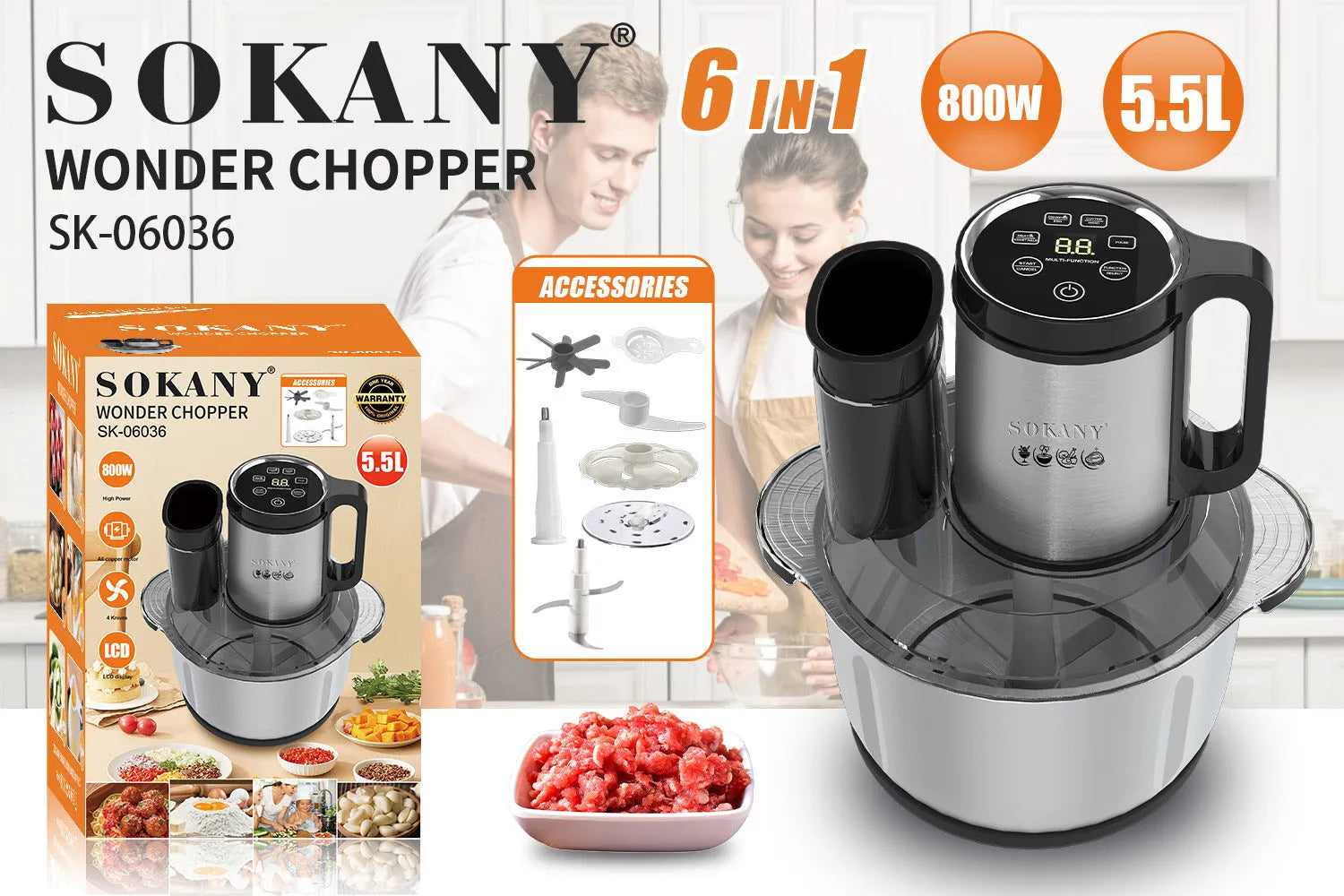 Stainless steel meat grinder with 06036 colour finish and adjustable speed controls