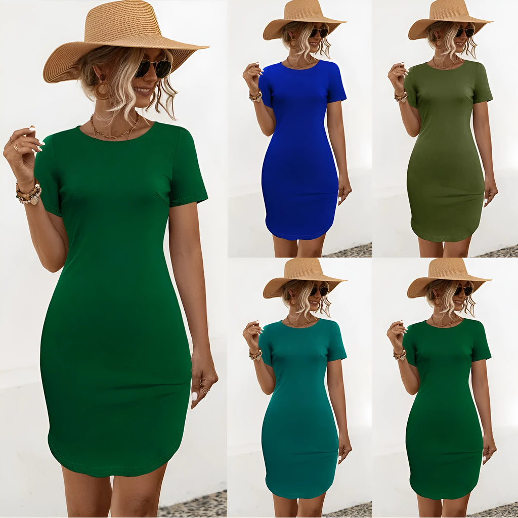 Women's slim-fitting short sleeve dress with U-shaped split in dark green cotton blend fabric