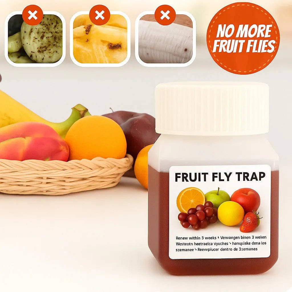 Clear plastic bottle of fruit fly trapper bait liquid with labelling showing specifications