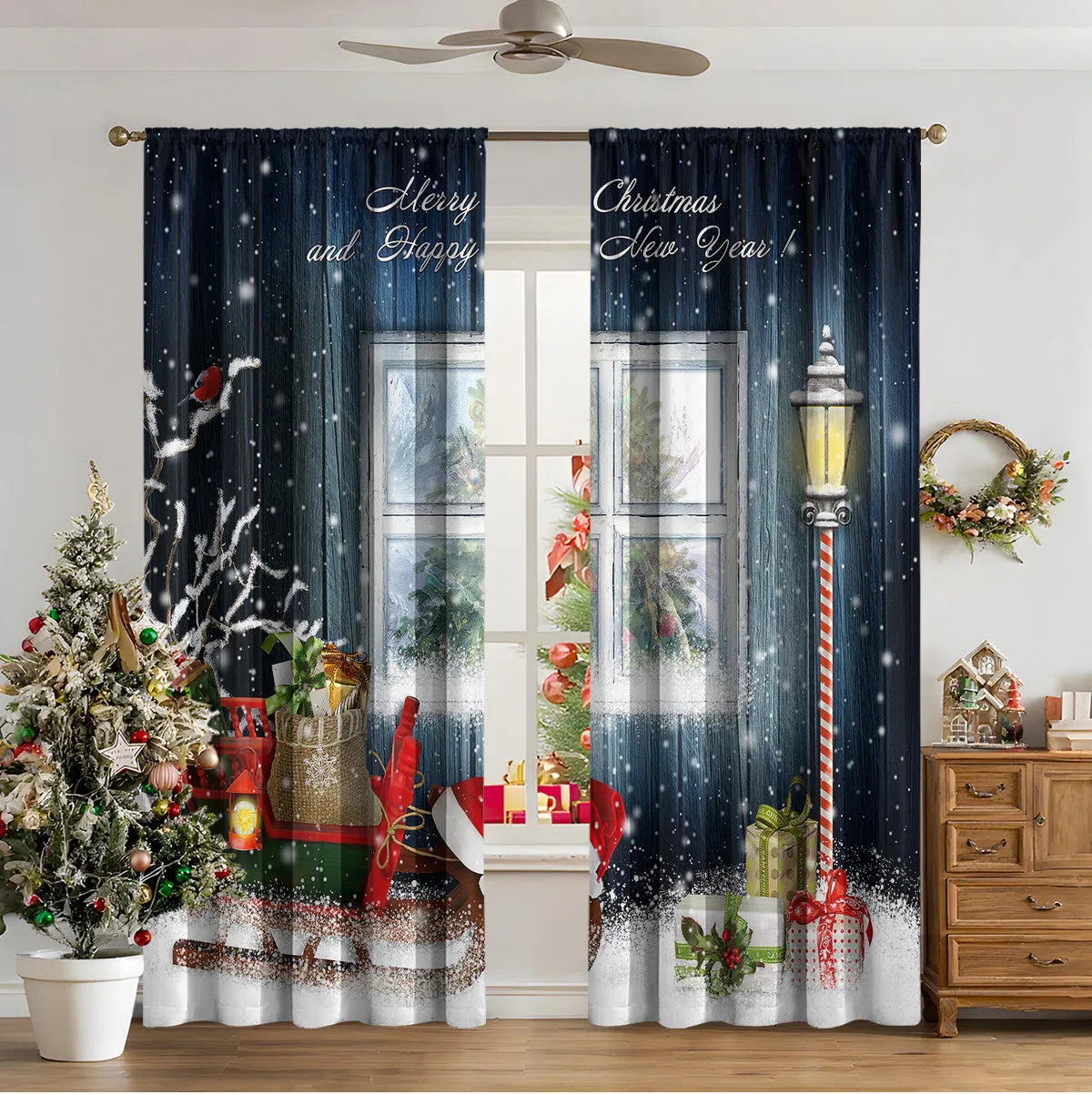 3D digitally printed Christmas curtain panel showing a modern European festive design, made from polyester fabric.