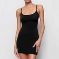 Black polyester sling dress with skinny sheath silhouette and sleeveless design