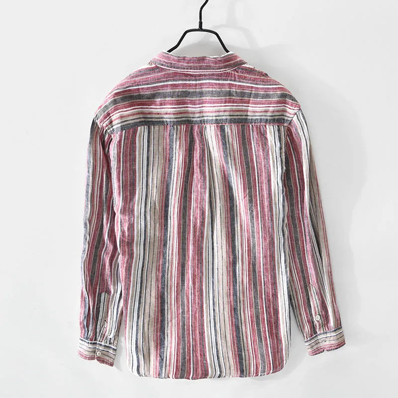 Men's linen striped shirt in red or grey with long sleeves and loose casual fit