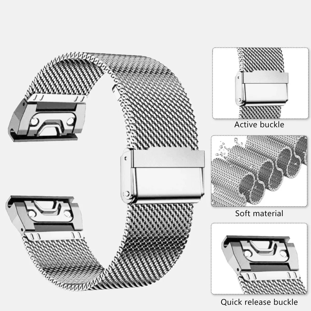 Stainless steel metal link bracelet strap for Garmin Fenix 7 and 6 series smartwatches in silver finish.
