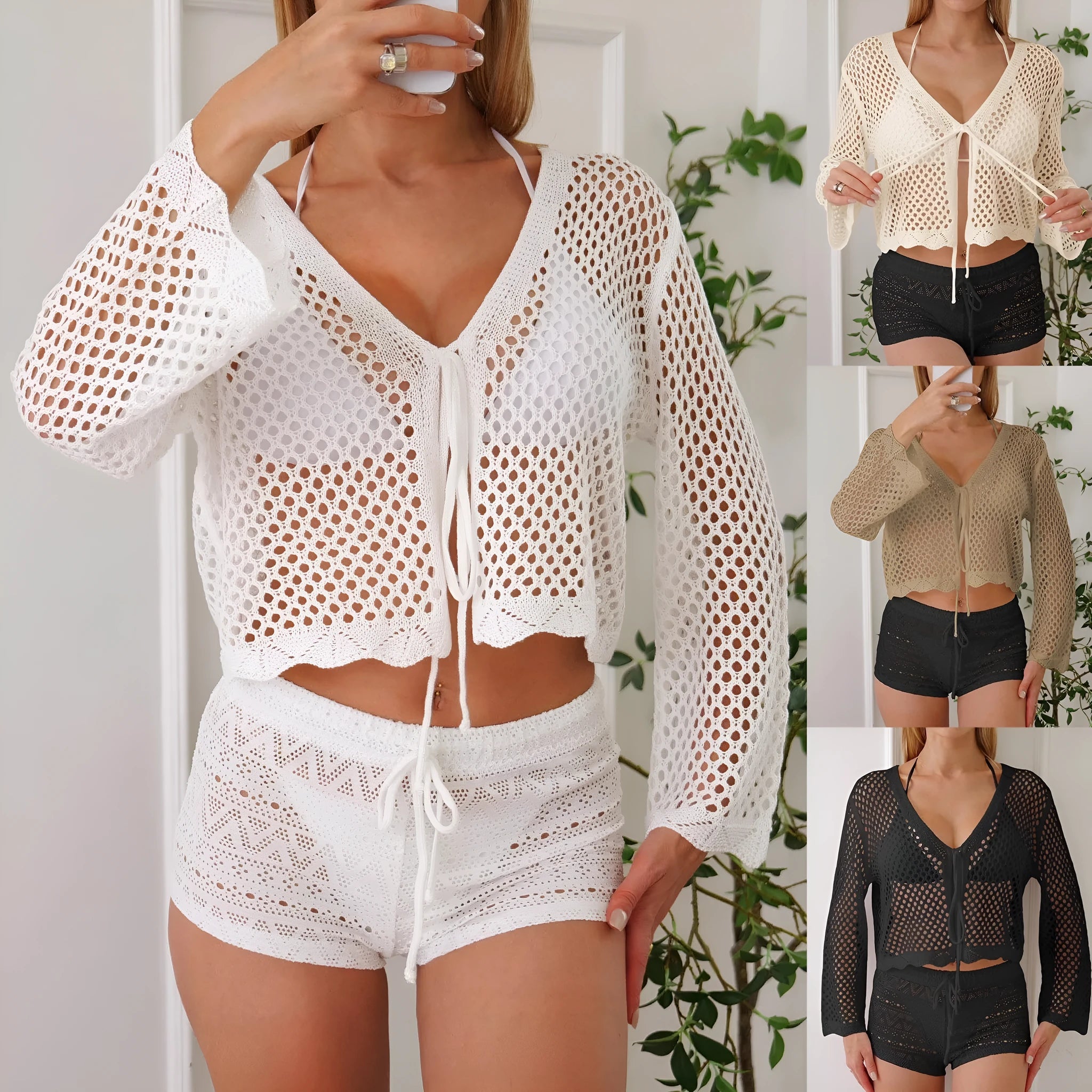 Light khaki women's cardigan blouse with bell sleeves and a cropped hem on a hanger.