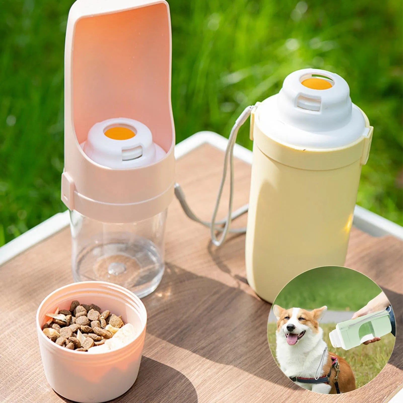Grey foldable 2-in-1 dog water bottle and feeder with lanyard, showing food and water compartments.