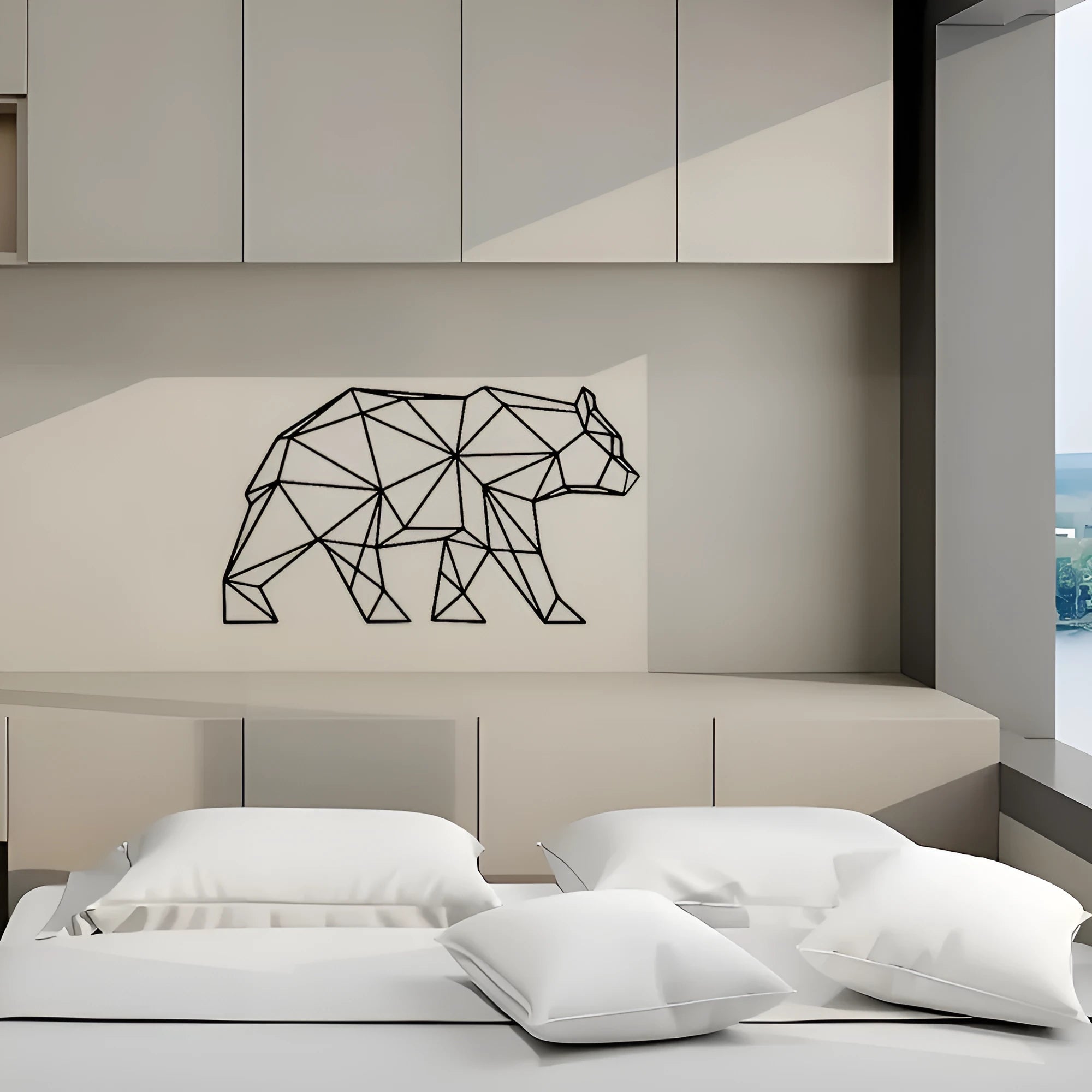 Black iron metal wall hanging decoration with polar bear silhouette line art design on a white background