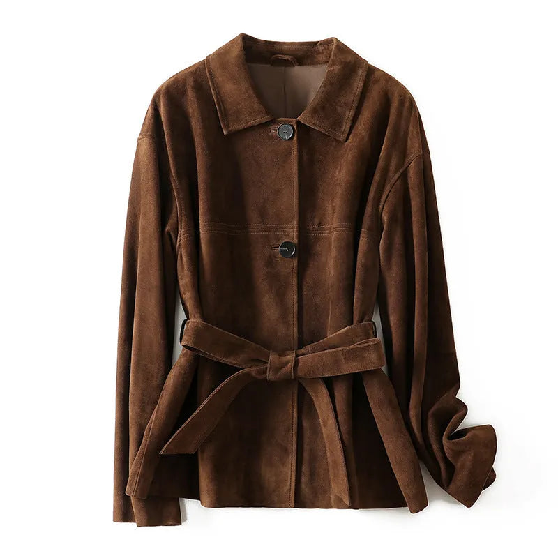 Yellow brown retro-style women's cashmere coat with a Peter Pan collar, leather stitching, and a belt.