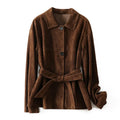 Yellow brown retro-style women's cashmere coat with a Peter Pan collar, leather stitching, and a belt.